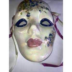 Vintage 91  Original Faces Signed Ceramic Iridescent with Blue Flowers & Ribbon